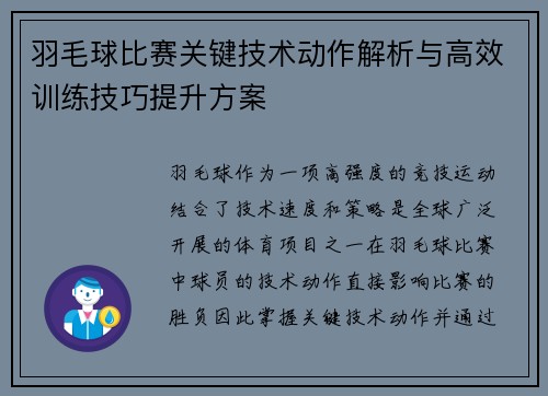 羽毛球比赛关键技术动作解析与高效训练技巧提升方案