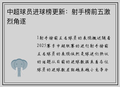 中超球员进球榜更新：射手榜前五激烈角逐